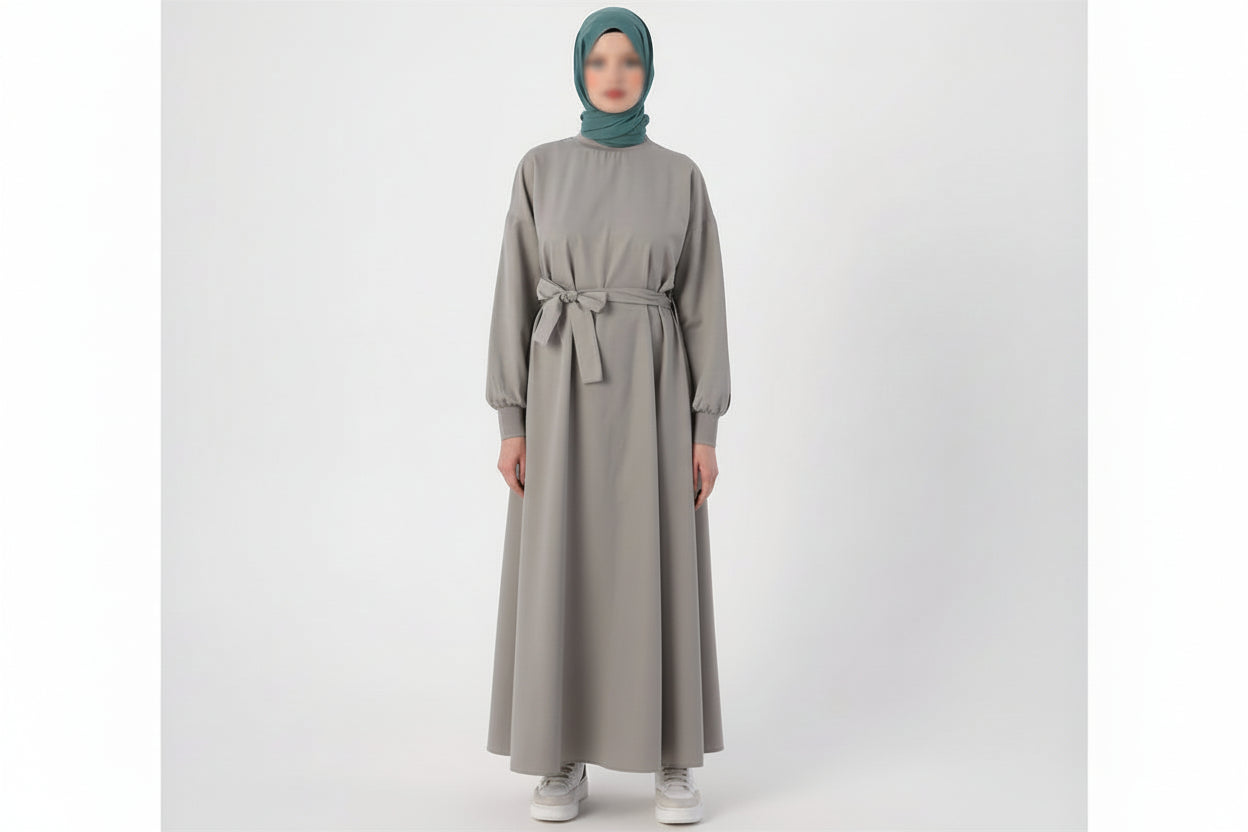 Cotton belted dress in grey