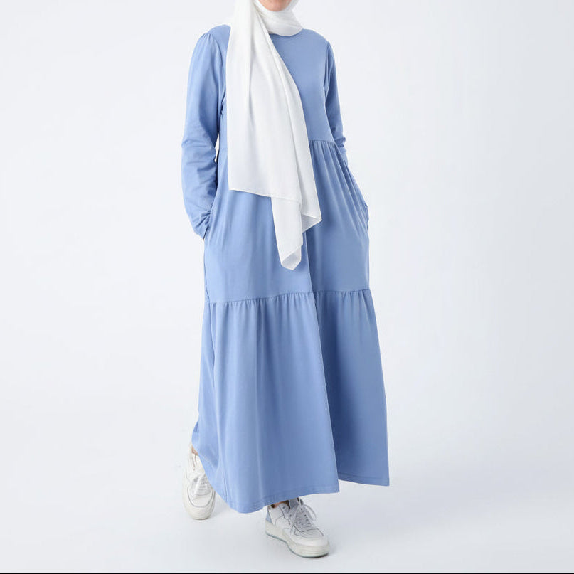 Ruffled cotton dress in blue