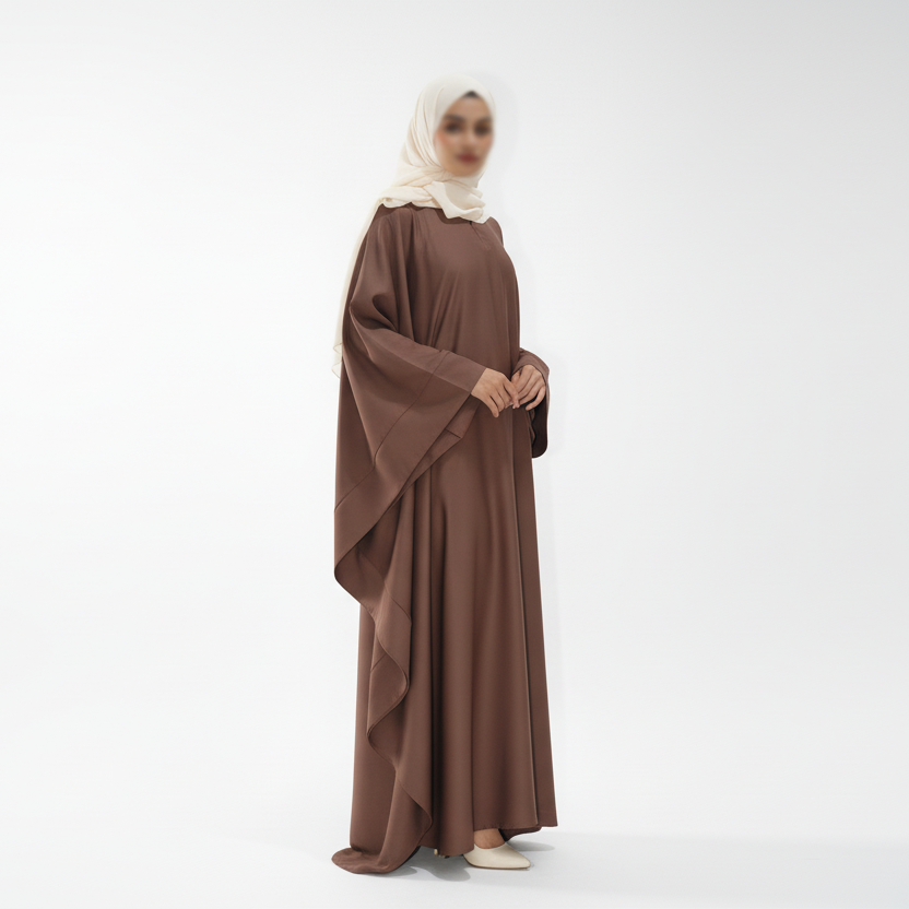Brown butterfly abaya with cream hijab - side view