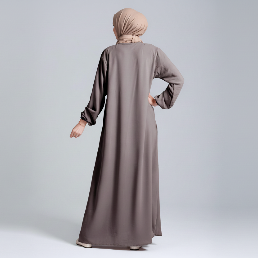 Full-length back view with hijab