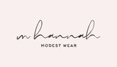 Logo for 'm. hannah modest wear' on a beige background